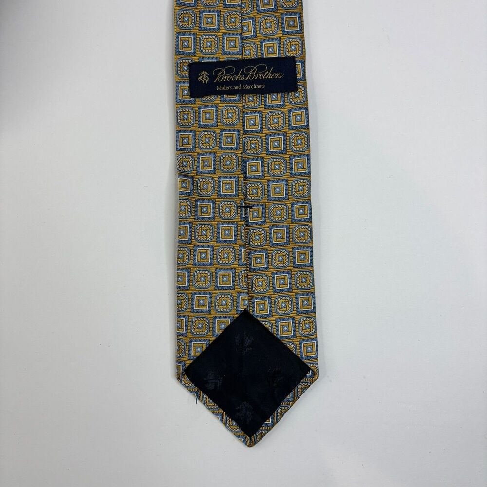 Brooks Brothers Silk Tie yellow blue, Makers And Merchants, geometric, vintage